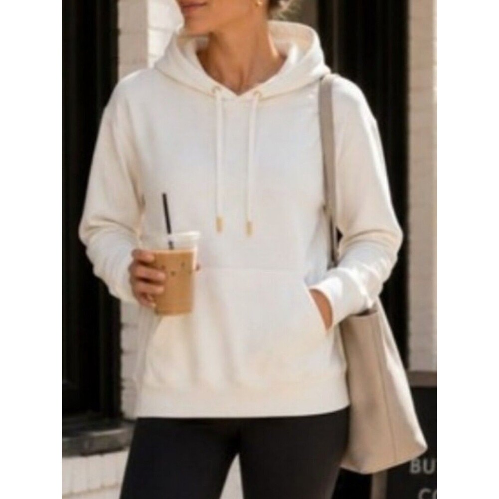 White Hoodie L Thumb Holes Gold Zippers Kangaroo Pocket Quiet Luxury Activewear